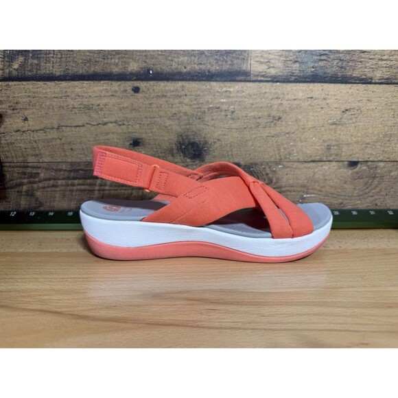 Clarks Cloudsteppers Sandals Womens 9.5 Arla Belle Wedge Slingback Orange Fabric - Picture 7 of 10